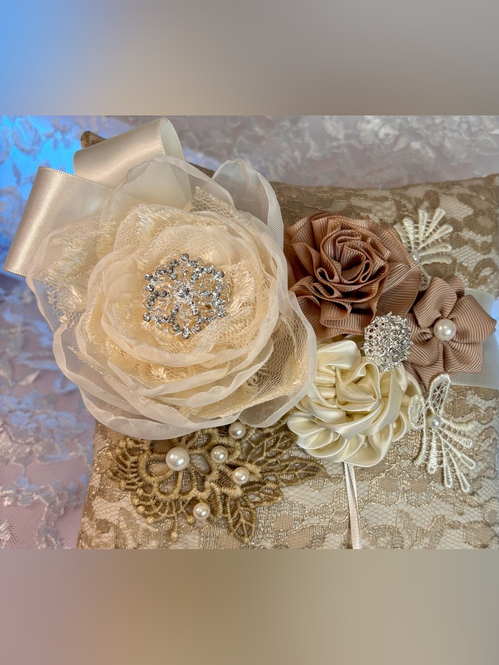🥂 Handmade Champagne and Ivory Ring Pillow and Flower Basket Set - Picture 3 of 15